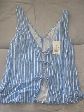 Blue & White Striped Tie-Front Sleeveless Top